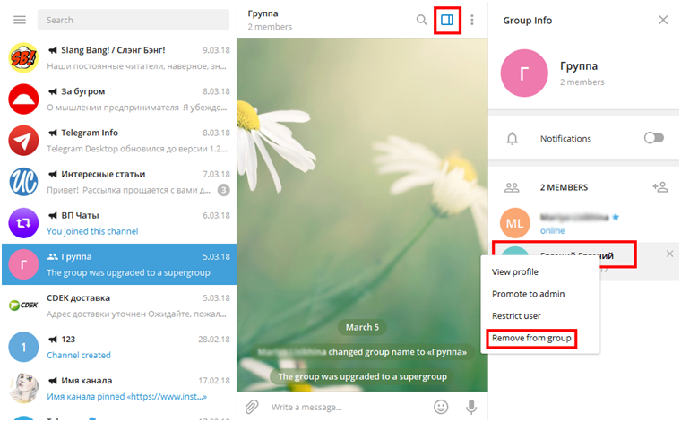 Как удалить из группы в телеграмме человека или саму группу?