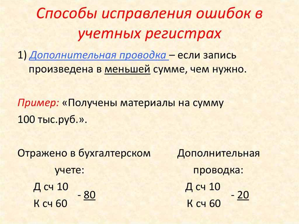 Записи в бухгалтерском учете. Способ дополнительных проводок пример. Способы исправления ошибок в учетных регистрах. Способы исправления ошибочных записей в бухгалтерском учете. Способы исправления ошибочных записей в учетных регистрах.