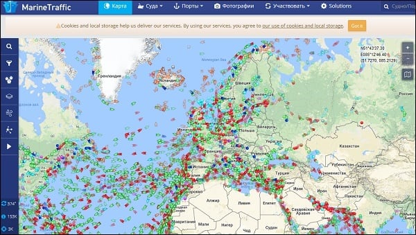 Карта судов в море